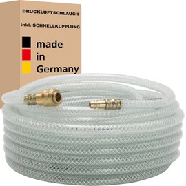 Compressed Air Hose with Quick Coupling (1/4 Inch) Pressure Hose Air Hose Food Fabric Hose Compressor Hose Made in Germany (9 x 14 mm - 20 m, Transparent)