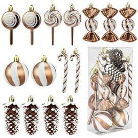 Christmas Tree Decoration, 15 Piece Christmas Tree Decoration Set, Glitter Christmas Tree Decoration, Christmas Tree Pendant, Plastic, Candy Cane, Sweet, Ball, Pine Cones with Cord for Christmas Tree