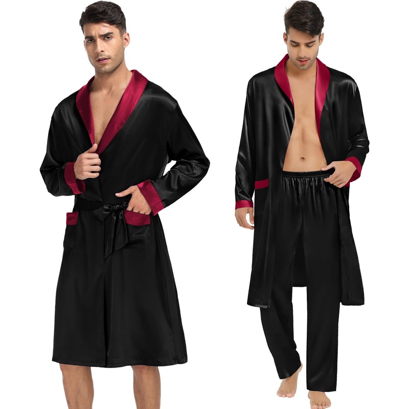 SWOMOG Men's 3 Pcs Robe Silk Satin Kimono Bathrobe with