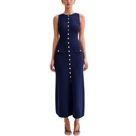 ELFTOWN Women's Summer Sleeveless Single Breasted Knit Maxi Dress Slit Crew Neck Long Sweater Bodycon Dress (Large, NavyBlue)