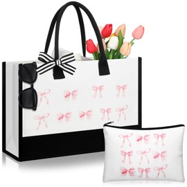 Paterr 2 Pcs Coquette Pink Bow Tote Bag and Makeup Bag Set for Valentine Coquette Stuff Bow Canvas Preppy Pouch Cosmetic Zipper Reusable Tote Gift for Party Favor Pink Bridal Engagement Party Supplies