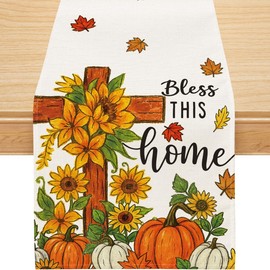 Camino de mesa de otoño, camino de calabazas cruzadas para mesa bendice este hogar, decoración de fiesta de otoño para interiores y exteriores, 13 x 36 pulgadas