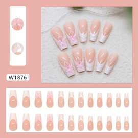 24Pcs Medium Press on Nails French Tip Fake Nails with Spring Flower Designs Pink Glue on Nails Artificial Glossy Acrylic Nails Handmade Press ons Floral False Nails Stick on Nails for Women Manicure