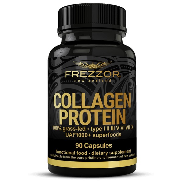FREZZOR Pure Collagen Peptides Powder, 100% Grass-Fed New Zealand Hydrolyzed Beef Bone Collagen, Anti-Aging Skin, Hair & Nail Support, Joint Comfort, Mobility & Flexibility, 90 Capsules, 1 Count