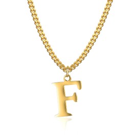 Symretie 14K Gold Plated Initial Necklace - Unisex Adult Modern Cuban Chain Necklace - Alphabet F Pendant - Gold Stainless Steel - 15.8 inches for Women on Special Occasions
