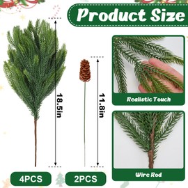 4PCS Christmas Norfolk Pine Branches with 2PCS Pine Cones Branches,18.5in Artificial Norfolk Pine Stems,Gradient Fake Greenery Pine Picks,Faux Pine Needles for Vase DIY Garland Wreath Xmas Decor