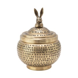 Round Hammered Metal Container with Rabbit Finial, Brass Finish