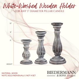 Biedermann & Sons Washed Wooden Pillar Candle Holder, White, 10 Inch Tall - Fits 3 Inch Pillar Candle