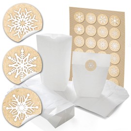 24 White Christmas Bags 14 x 22 x 5.6 cm + 24 Round Christmas Stickers "Flakes White Beige" for Lovingly Wrapping Gifts + Other Things