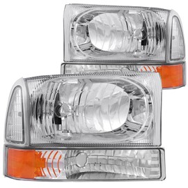 HEADLIGHTSDEPOT Chrome Housing Halogen Headlights Compatible with Ford Excursion F-250 Super Duty F-350 Super Duty 1999-2004 Includes Left Driver and Right Passenger Side Headlamps