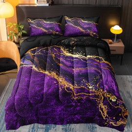 Black Gold Comforter Set Purple Marble Bedding Set Queen Size Black Marble Stone Abstract Artwork Bedroom Decor Black Marble Comforter Sets for All Season