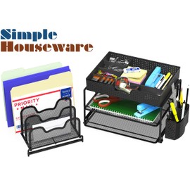Simple Houseware Mesh Desk Organizer with Sliding Drawer, Double Tray and 5 Stacking Sorter Sections, Black