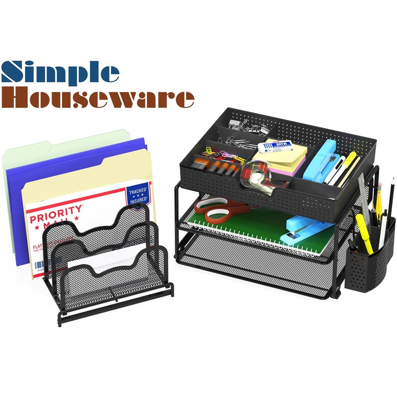 Simple Houseware Mesh Desk Organizer with Sliding Drawer, Double Tray