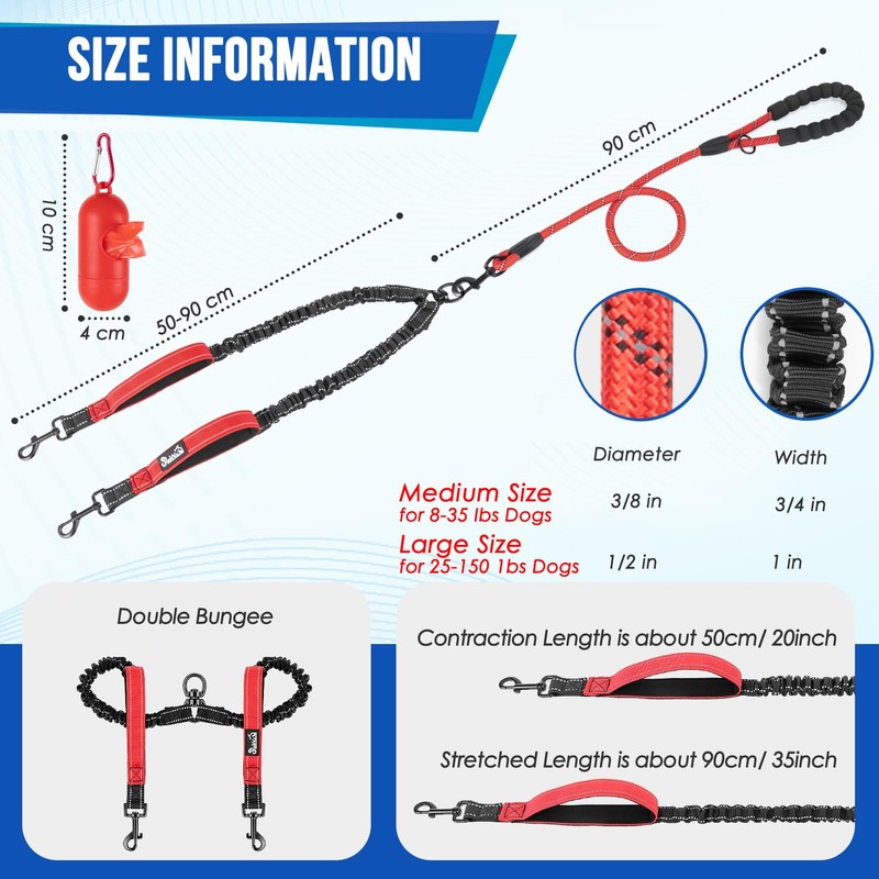 Lukovee Double Dog Leash, No Tangle 360° Swivel Heavy Duty