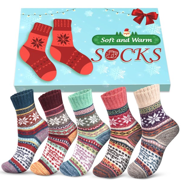 HELEMAN Women's Socks Gifts for Women, 5 Warm Socks with Beautiful Nordic Pattern, Christmas Gifts for Mum, Grandma, Girlfriend, Wife, Sister, New Year's Eve, Santa Claus Gifts, Colourful Thermal