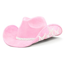 Keilin Rhinestone Cowgirl Hat Disco Cowboy Hat Felt Western Nashville Bachelorette Party Hat for Teens and Adults (Pink, 6 3/4-7 3/8)