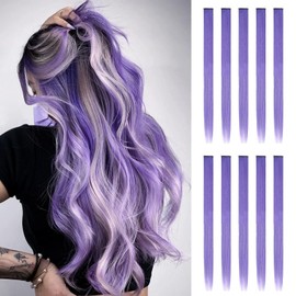 FESHFEN Coloured Hair Extensions, Synthetic Party Highlight, Colourful Straight Hair Extensions, Clip-In Hairpiece for Women, 55 cm, Purple, Pack of 10