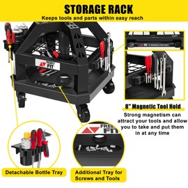 FreekyFit Rolling Shop Stool for Garage with Casters, DO02-Adjustable Height 360° Swivel Shop Seat with Tool Tray Storage, 330 LBS Capacity Padded Mechanic Stool, Magnetic Tool Hold, Heavy Duty, Black