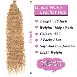 Samtress Ocean Wave Crochet Hair Synthetic 30 Inch 7 Packs Deep Wave Curly Braiding Hair Honey Blonde Long Deep Twist Braiding Hair Extensions for Black Women (#27)