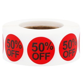 Red 50 Percent Off Labels 0.75 Inch 19 mm Round 500 Count