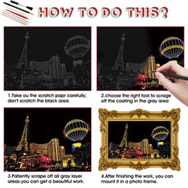 Lusofie 12 Sheets Scratch Painting Rainbow Paper, Sketch Pads DIY Art Craft City Series Night View Scratchboard for Adults and Kids, Craft Art Kits with 6 Tools-7.8 X 5.5 Inches