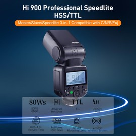 Jinbei HI-900 Speedlite Camera Flash, 2.4G HSS1/8000 high-Speed sync, 2500mAh Large-Capacity Battery GN60, 80Ws Power Compatible with Canon, Nikon, Fuji, Panasonic, Olympus Digital SLR Cameras
