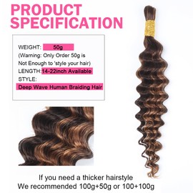 Human Braiding Hair for Boho Braids Highlight Deep Waves Bulk Human Hair for Braiding 35 cm 14 Inches 1 Bundle 50 g P430 Wet and Wavy Curly Ombre Brown Bohemian Hair No Weft Extensions