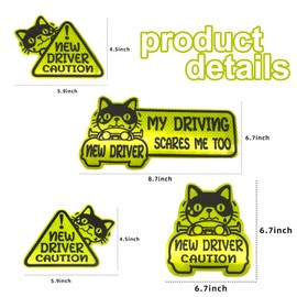 KIIDAS 4Pcs Cartoon Cat New Driver Magnetic Sign for Car - Reflective, Cute and Reusable New Driver Sign for Car Bumper Safety Gift for Teens
