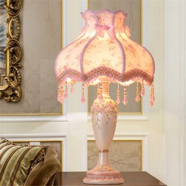 NIUYAO Night Stand Lamp Single Bulb Desk lamp Romantic Pastoral Scalloped Dress Fabric with Braided Trim Table Light Bedside Lamp