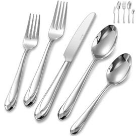 KEAWELL Premium Astra Flatware Set, 65-Piece for 12, Mirror-Finished 18/10 Stainless Steel Silverware, Modern Cutlery Dishwasher Safe for Meals and Gatherings (65, Silver)