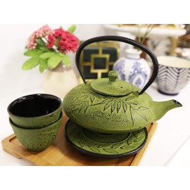 Japanese Evergreen Bamboo Forest Yellowish Green Heavy Cast Iron Tea Pot Set With Trivet and Cups Set Serves 2 Packaged in Teapot Gift Box Excellent Home Decor Asian Living Gift Housewarming