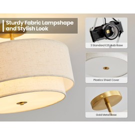 Double Drum 3 Light Semi Flush Mount Ceiling Light, Close to Ceiling Light Fixture, 16 Inch with Fabric Linen Shade, Gold Brass, for Living Room, Bedroom, Dining Room,Hallway and Entryway