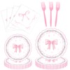 96PCS Pink Bow Paper Plates and Napkins,Coquette Bow Birthday Party Supplies,Pink Bow Party Decorations for Girl Bridal Engagement Baby Shower Tableware Dinnerware Serve 24