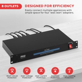 Pyle 1800W 8-Outlet Rack Mount Power Conditioner - 15 Amp Surge Protector with Noise Suppression - Rear Outlet for Multi Appliances - Triple Mode Protection - AC Power - for Home & Computer - PCO800
