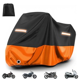 Favoto 210T Motorcycle Tarpaulin, Scooter Tarpaulin, Motorcycle Garage, Winterproof, Waterproof, UV Protection, Anti-Dust, Windproof with Lock Hole, Black/Orange, XXL, 245 x 105 x 125 cm