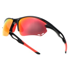 MMOWW Polarized Cycling Glasses Sports Sunglasses for Men TR90 Frame Semi Rimless UV400 Protection Running Driving Fishing, Black/Red