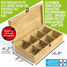 Zen Earth Inspired Bamboo Tea Organizer Box Chemical Free Eco-Friendly Big, Tall, Adjustable Cubbies Natural Wooden Storage Chest (8-Slot 14.3" x 8.1" x 4.2" with Tea Time Pot & Cups)