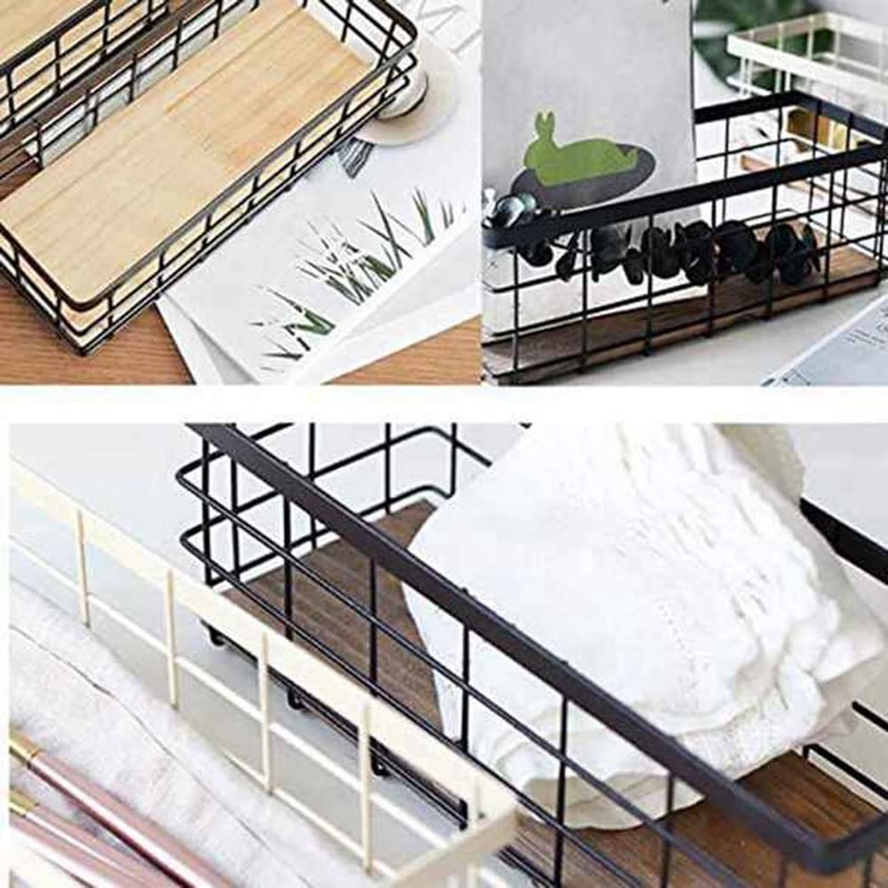 Yuikome 2 Packs Metal Storage Basket with Wooden Base, Decorative