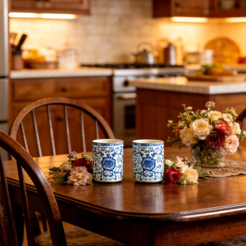 CmengAo Blue and White Floral Porcelain Tea Cups Set of