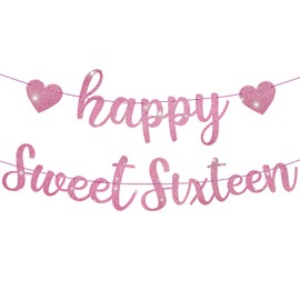 GBAUKAFHE Pre-Strung Pink Happy Sweet Sixteen Birthday Banner - NO DIY Rose Gold Glitter Sweet 16 Party Banner Garland on Rose Gold Birthday Party Decoration Happy 16th Birthday Sign for Girls Women