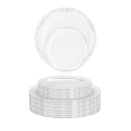 80 Pcs Combo Clear Hard Plastic Party Plates Set - 40 Large 10.25 in Dinner Plates - 40 Small 7.5 in. Salad/Dessert Plates - Heavy Duty Disposable China - Fancy Caterers Victorian Design - Bpa Free