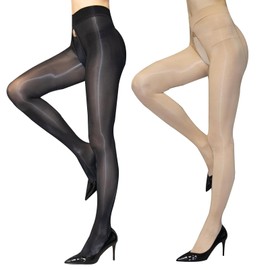 HTRUIYATY 2 Pairs Women's Shiny 8D Oil Shiny Tights High Waist Fine Tights Sexy with Zip, beige