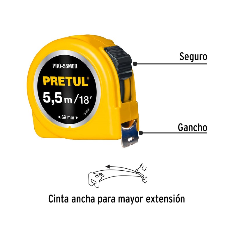 Pretul PRO-55MEB, Flexómetro amarillo 5.5 m cinta 25 mm, cubierta