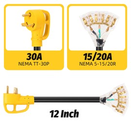 Rvhouse 30 Amp to 20 Amp 110V RV Adapter Cord NEMA TT-30P Male to 3-5-15R/5-20R Outlets 1.1 FT Household Outlet Female with Dust Caps and LED Power Indicator
