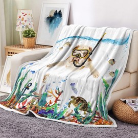 Uokiuki Funny Diving English Bulldog Throw Blankets, Coral Reef Fish Turtle Octopus Starfish Cozy Warm Bed Couch Blanket, Cute Pet Animal White Fleece Flannel Throws to Decorate The Room and Bedroom