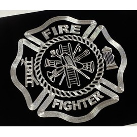 Firefighter Emblem Engraved Car Tag Diamond Etched on Black Aluminum License Plate