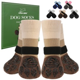 EXPAWLORER Anti Slip Dog Socks to Prevent Licking Paws, Dog Boots & Paw Protectors with Grippers for Winter, Dog Booties for Hardwood Floors, Dog Shoes for Small Medium Large Senior Dogs, Khaki S