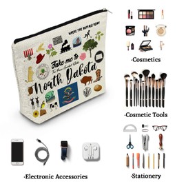 YULUENZE Take Me To North Dakota Makeup Bag North Dakota Travel Gift Small Canvas Organizer Bag with Zipper North Dakota Cosmetic Bag Travel Present for Women Friends Families