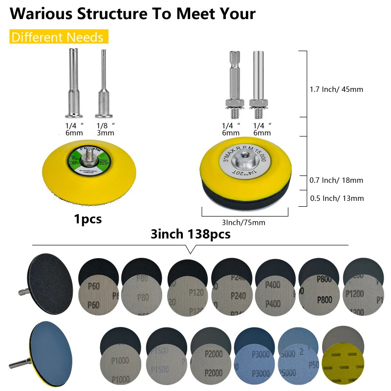 Professional 138PCS 3 Inch Sanding Disc Kit 60-10000 Grit Hook