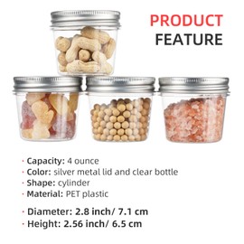 4 Ounce Clear Plastic Mason Jars With Screw On Lid, Reusable Empty Jars for Food Storage, Round BPA Free Containers for Sealing, Dry Food, Snacks, Candies, Breakage-proof (Silver, 60 Pack 4 Ounce)
